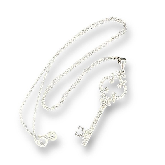 Sterling Silver Key Pendant Accented with Rhinestones Chain Link Necklace 17” - Picture 7 of 8